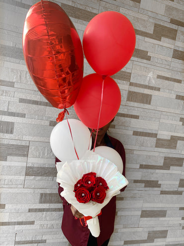 SMALL ROSE BOUQUET AND BALLOONS