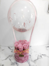 ROUND VELVET SMALL BOX OF ETERNITY ROSES AND CLEAR BALLON