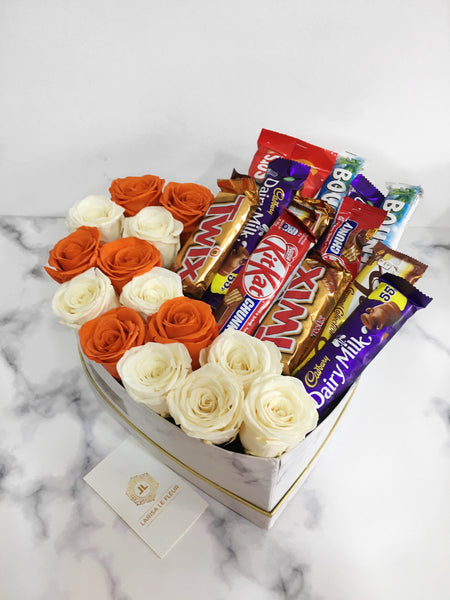 LARGE LOVE SHAPED BOX OF 14 ETERNITY ROSES AND MIXED CHOCOLATES